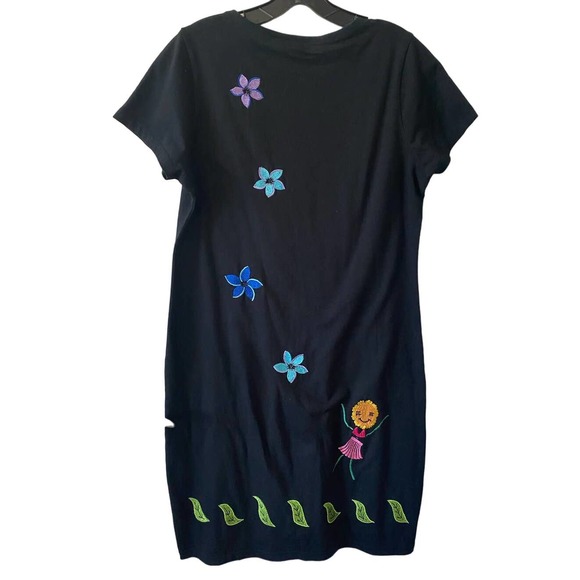 Michael Simon Lite Black Knee Length Dress Rare Embroidered Hula Flowers Medium - Picture 2 of 13